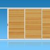 Volet coulissant en aluminium laqué blanc 3 vantaux 3 rails à galandage (en applique) muni d'un remplissage finition imitation 2 tons de bois.